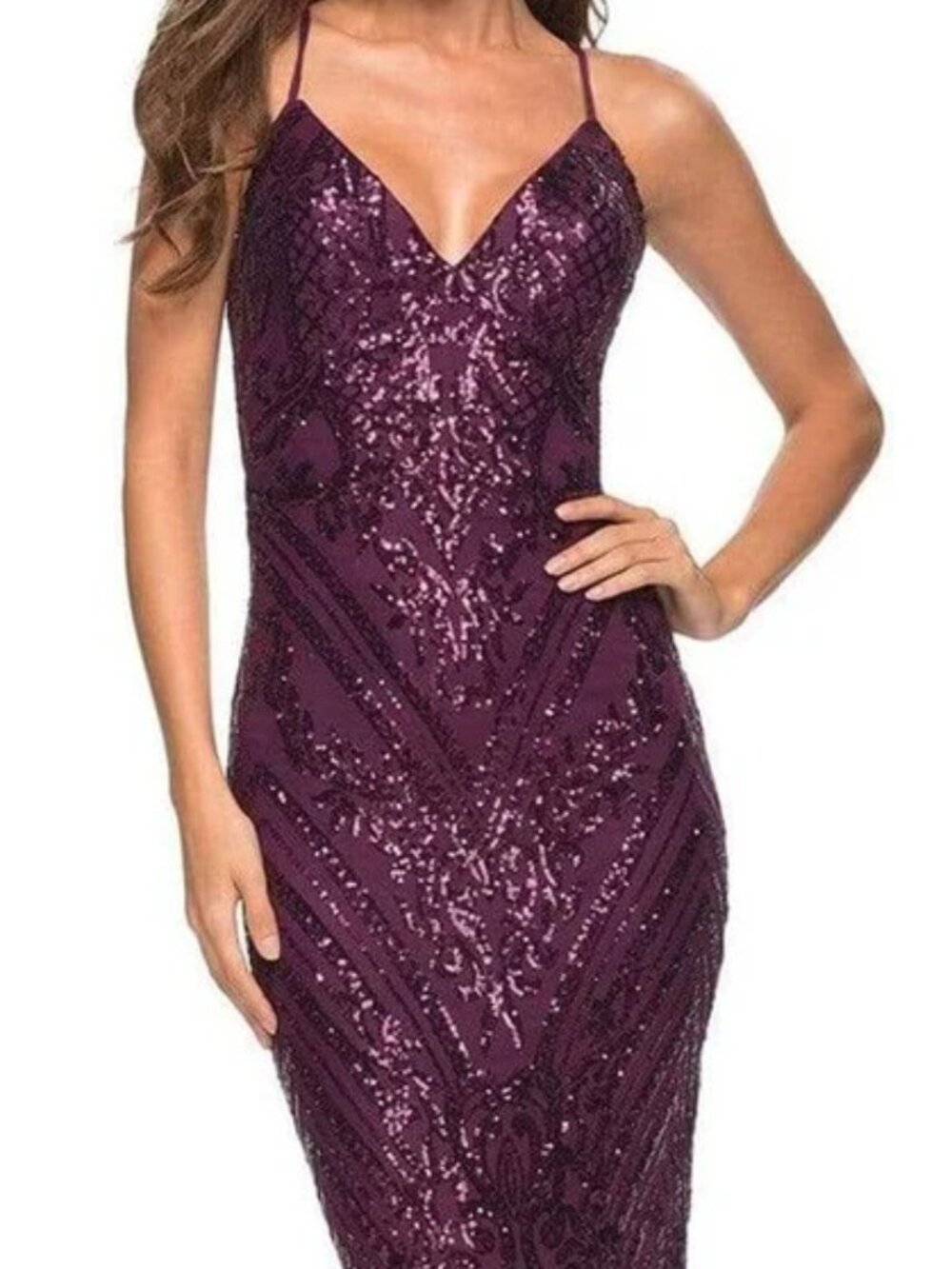 NWT La Femme 30496 Sequin-Ornate Backless Prom Dress Dark Berry size 8 - Picture 3 of 6